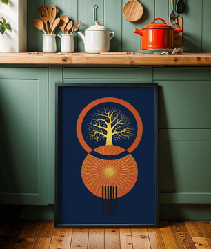 Sacred tree illustration with geometric sun and gold details - Mi tienda
