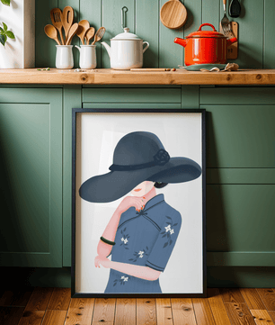 Elegant woman in a wide-brimmed hat and floral dress – stylish fashion artwork for modern interiors - Mi tienda