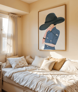Elegant woman in a wide-brimmed hat and floral dress – stylish fashion artwork for modern interiors - Mi tienda