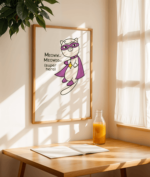 Superhero cat illustration with comic-style text - Mi tienda