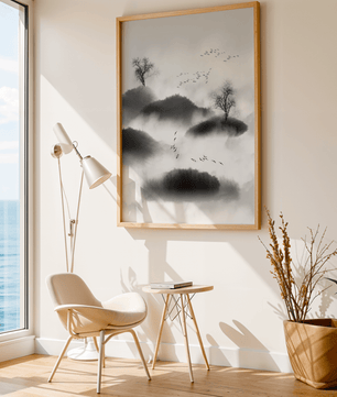 Misty mountains with flying birds in monochrome ink style - Mi tienda