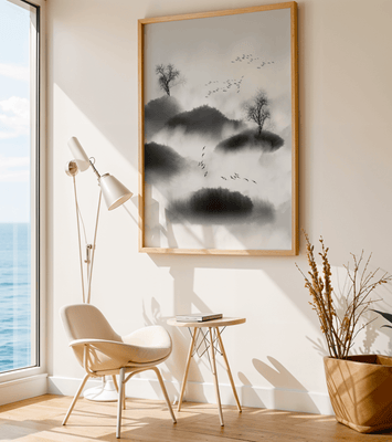 Misty mountains with flying birds in monochrome ink style