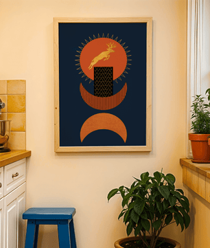 Golden deer on geometric abstract background – modern wall art in deep blue and burnt orange tones - Mi tienda