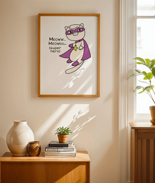 Superhero cat illustration with comic-style text - Mi tienda