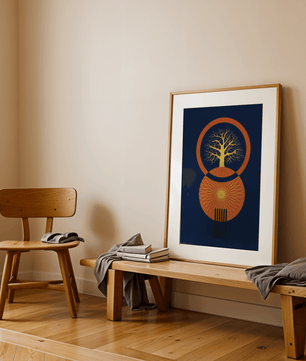 Sacred tree illustration with geometric sun and gold details - Mi tienda