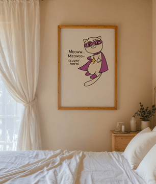 Superhero cat illustration with comic-style text - Mi tienda