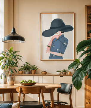 Elegant woman in a wide-brimmed hat and floral dress – stylish fashion artwork for modern interiors - Mi tienda