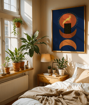 Golden deer on geometric abstract background – modern wall art in deep blue and burnt orange tones - Mi tienda