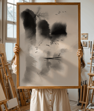 Serene misty landscape with birds and a lone heron - Mi tienda