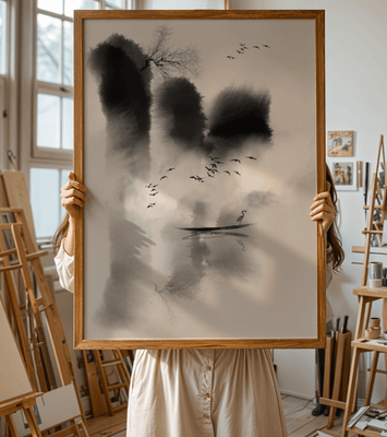Serene misty landscape with birds and a lone heron