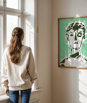 Modern abstract portrait with surreal green and white tones - Mi tienda