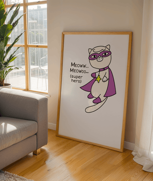 Superhero cat illustration with comic-style text - Mi tienda