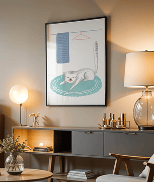 Cute stretching cat on a cozy rug in a soft pastel illustration - Mi tienda