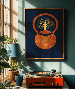 Sacred tree illustration with geometric sun and gold details - Mi tienda