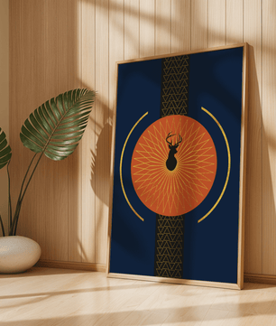Golden deer with geometric moon phases in modern wall art - Mi tienda