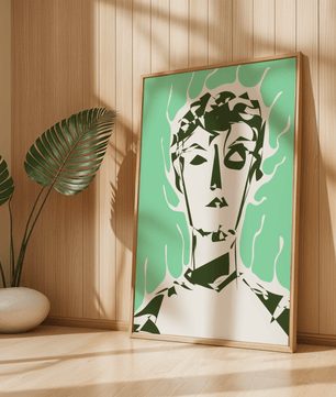 Modern abstract portrait with surreal green and white tones - Mi tienda