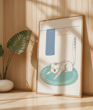 Cute stretching cat on a cozy rug in a soft pastel illustration - Mi tienda