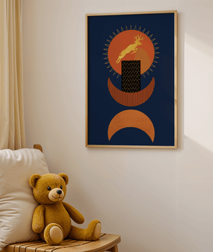 Golden deer on geometric abstract background – modern wall art in deep blue and burnt orange tones - Mi tienda