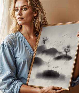 Misty mountains with flying birds in monochrome ink style - Mi tienda