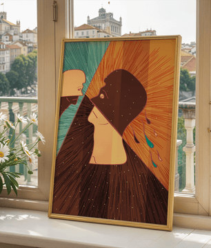 Surreal abstract illustration of two faces in a dramatic confrontation with expressive colors - Mi tienda