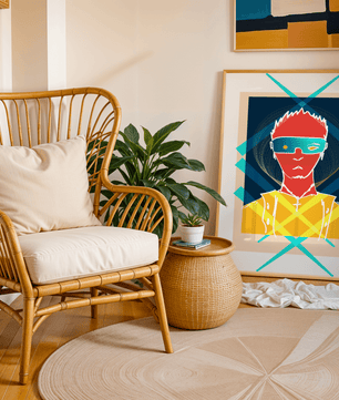 Cyberpunk warrior in geometric neon hues for modern decor - Mi tienda