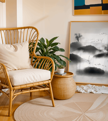 Misty mountains with flying birds in monochrome ink style