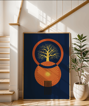 Sacred tree illustration with geometric sun and gold details - Mi tienda
