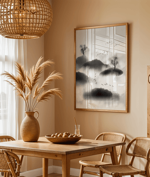 Misty mountains with flying birds in monochrome ink style - Mi tienda