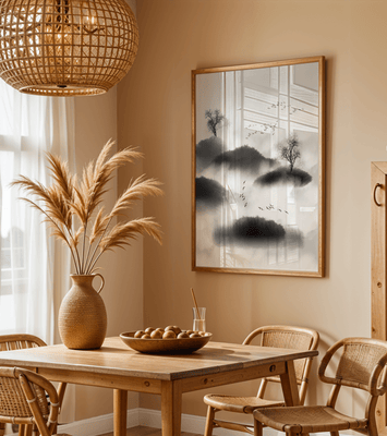 Misty mountains with flying birds in monochrome ink style