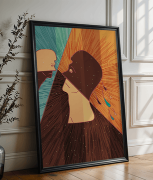 Surreal abstract illustration of two faces in a dramatic confrontation with expressive colors - Mi tienda