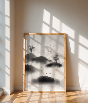 Misty mountains with flying birds in monochrome ink style - Mi tienda