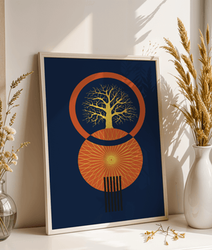 Sacred tree illustration with geometric sun and gold details - Mi tienda