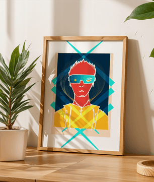 Cyberpunk warrior in geometric neon hues for modern decor - Mi tienda