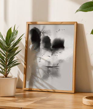 Serene misty landscape with birds and a lone heron - Mi tienda