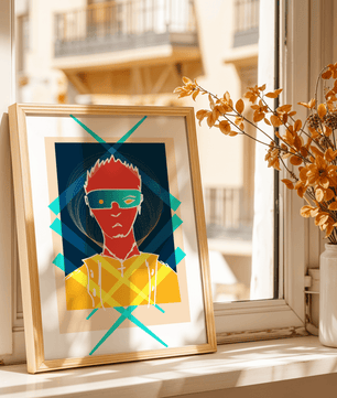 Cyberpunk warrior in geometric neon hues for modern decor - Mi tienda