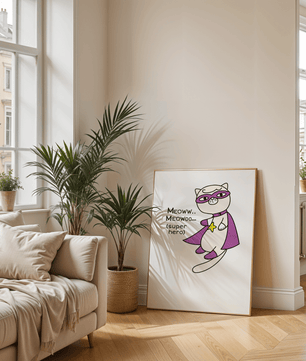 Superhero cat illustration with comic-style text - Mi tienda