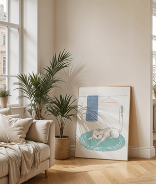 Cute stretching cat on a cozy rug in a soft pastel illustration - Mi tienda
