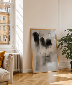 Serene misty landscape with birds and a lone heron - Mi tienda