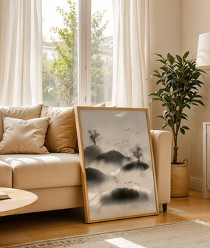 Misty mountains with flying birds in monochrome ink style - Mi tienda