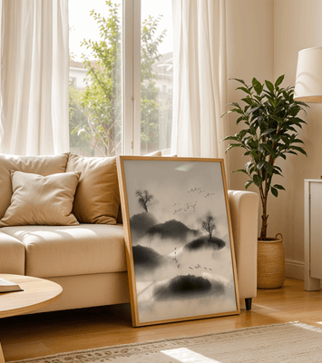 Misty mountains with flying birds in monochrome ink style