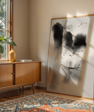 Serene misty landscape with birds and a lone heron - Mi tienda