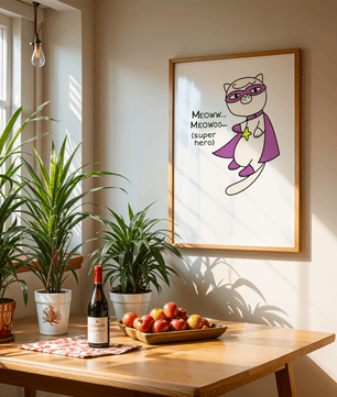 Superhero cat illustration with comic-style text - Mi tienda