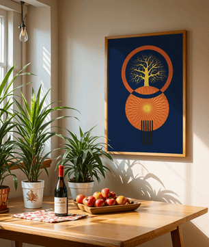 Sacred tree illustration with geometric sun and gold details - Mi tienda