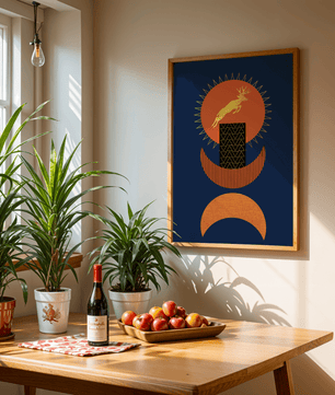 Golden deer on geometric abstract background – modern wall art in deep blue and burnt orange tones - Mi tienda