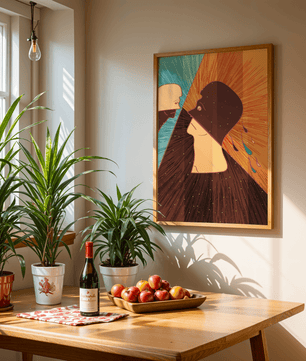Surreal abstract illustration of two faces in a dramatic confrontation with expressive colors - Mi tienda
