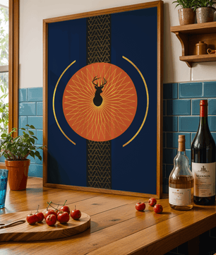 Golden deer with geometric moon phases in modern wall art - Mi tienda