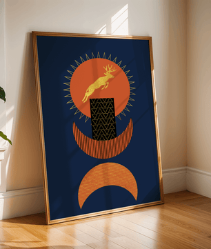 Golden deer on geometric abstract background – modern wall art in deep blue and burnt orange tones - Mi tienda