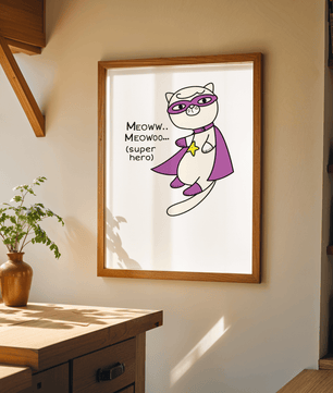 Superhero cat illustration with comic-style text - Mi tienda