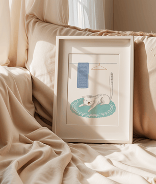 Cute stretching cat on a cozy rug in a soft pastel illustration - Mi tienda
