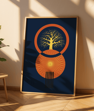 Sacred tree illustration with geometric sun and gold details - Mi tienda